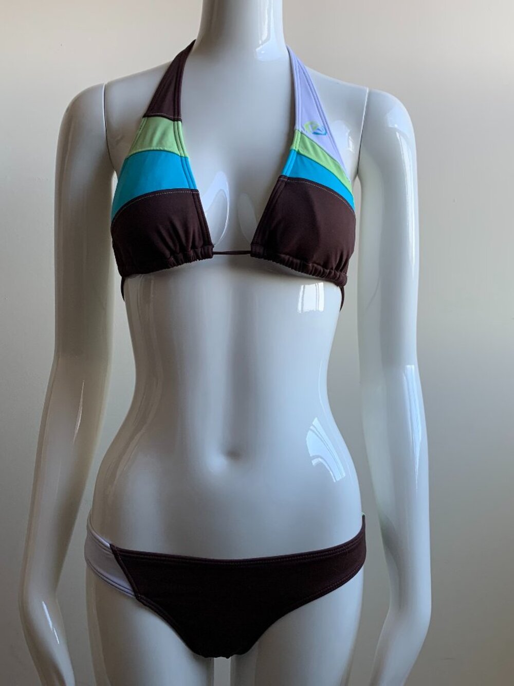 Rip Curl brown blue lime color block halter top bikini